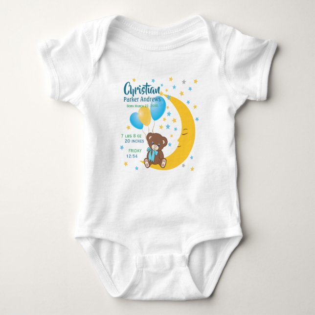 Teddy Bear Sitting on the Moon Baby Birth Stats Baby Bodysuit (Front)