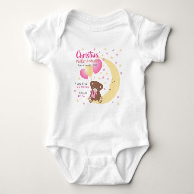 Teddy Bear Sitting on the Moon Baby Birth Stats Baby Bodysuit (Front)