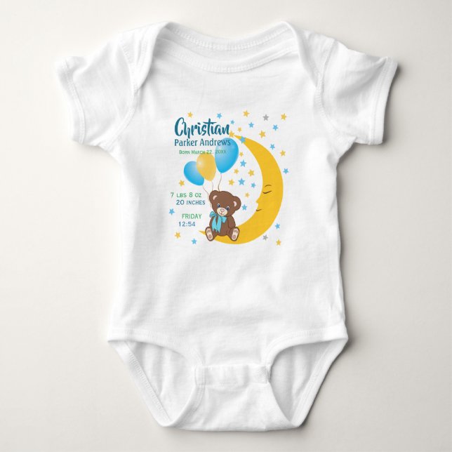 Teddy Bear Sitting on the Moon Baby Birth Stats Bodysuit (Front)