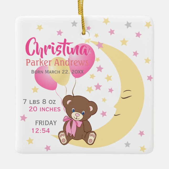 Teddy Bear Sitting on the Moon Baby Birth Stats Ceramic Ornament (Front)