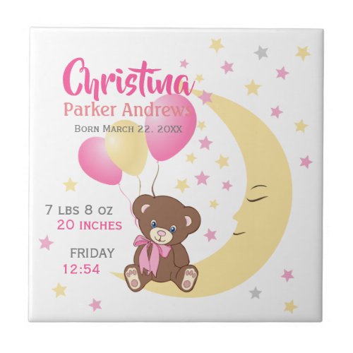 Teddy Bear Sitting on the Moon Baby Birth Stats Ceramic Tile