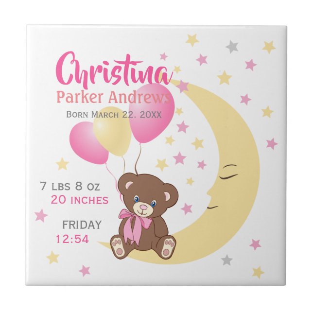Teddy Bear Sitting on the Moon Baby Birth Stats Ceramic Tile (Front)