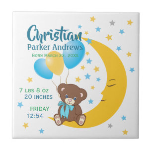 Teddy Bear Sitting on the Moon Baby Birth Stats Ceramic Tile
