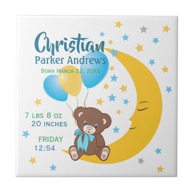 Teddy Bear Sitting on the Moon Baby Birth Stats Ceramic Tile (Front)