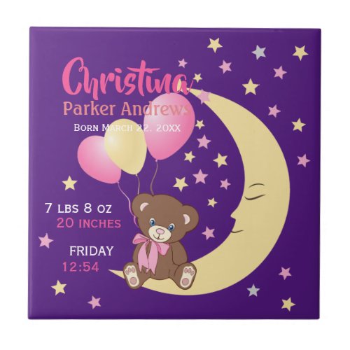 Teddy Bear Sitting on the Moon Baby Birth Stats Ceramic Tile