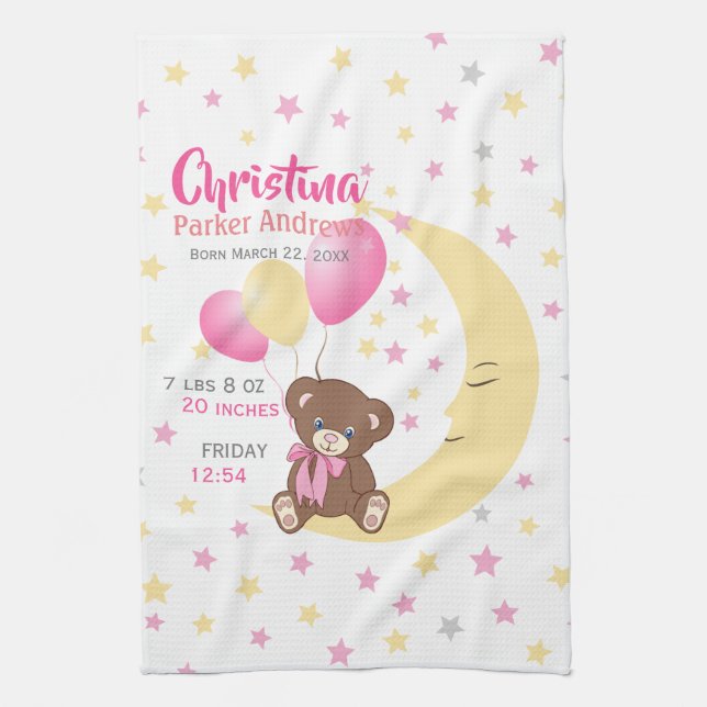 Teddy Bear Sitting on the Moon Baby Birth Stats Kitchen Towel (Vertical)