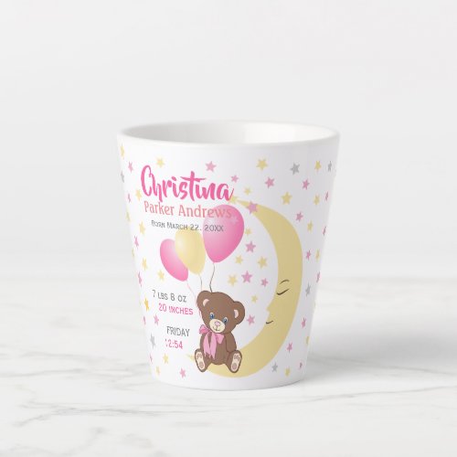 Teddy Bear Sitting on the Moon Baby Birth Stats Latte Mug