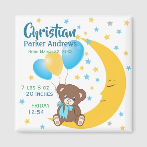 Teddy Bear Sitting on the Moon Baby Birth Stats Magnet