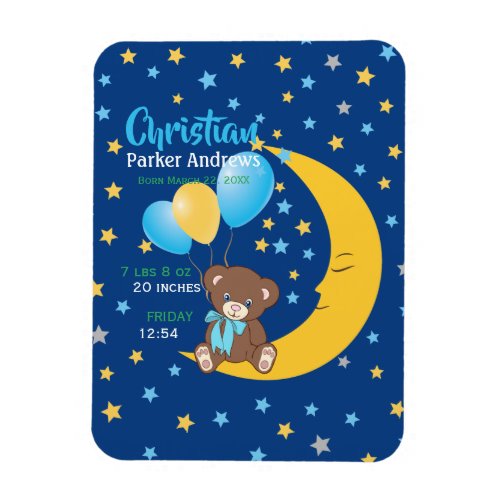 Teddy Bear Sitting on the Moon Baby Birth Stats Magnet