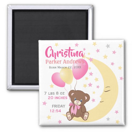 Teddy Bear Sitting on the Moon Baby Birth Stats Magnet