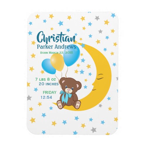 Teddy Bear Sitting on the Moon Baby Birth Stats Magnet