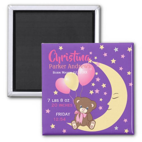Teddy Bear Sitting on the Moon Baby Birth Stats Magnet