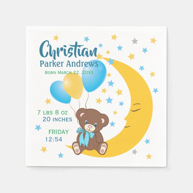 Teddy Bear Sitting on the Moon Baby Birth Stats Napkins (Front)