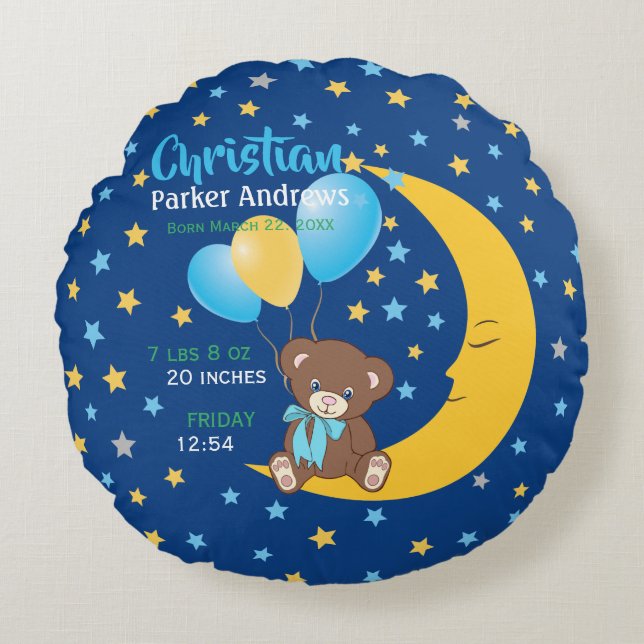 Teddy Bear Sitting on the Moon Baby Birth Stats Round Pillow (Front)