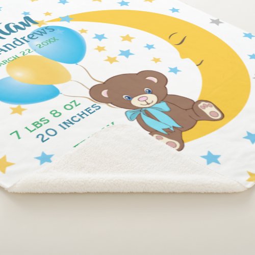 Teddy Bear Sitting on the Moon Baby Birth Stats Sherpa Blanket