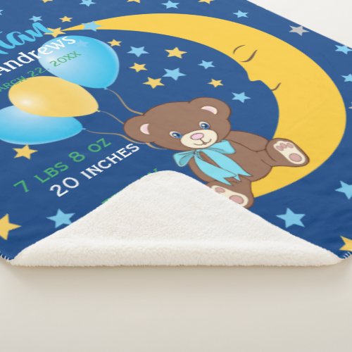 Teddy Bear Sitting on the Moon Baby Birth Stats Sherpa Blanket