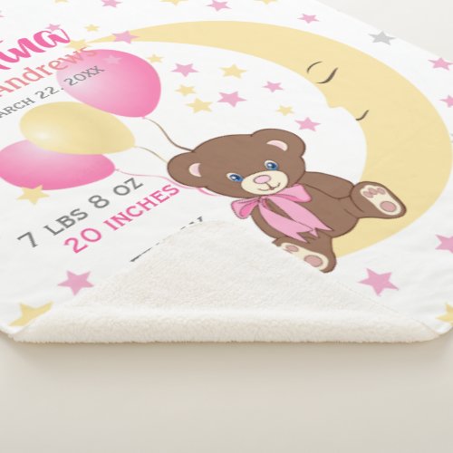 Teddy Bear Sitting on the Moon Baby Birth Stats Sherpa Blanket