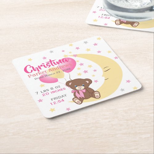 Teddy Bear Sitting on the Moon Baby Birth Stats Square Paper Coaster