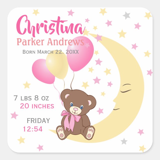 Teddy Bear Sitting on the Moon Baby Birth Stats Square Sticker (Front)