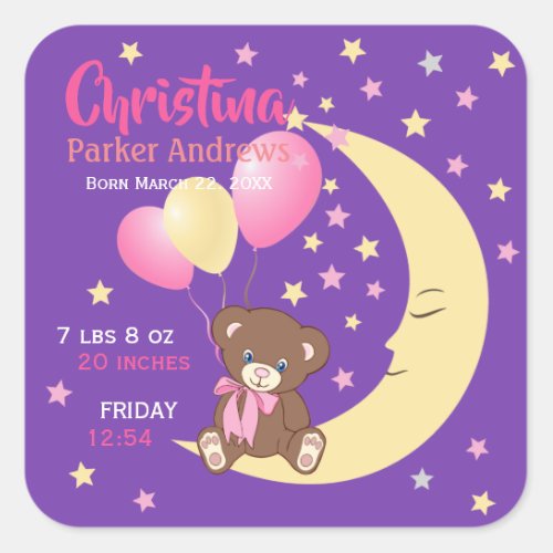 Teddy Bear Sitting on the Moon Baby Birth Stats Square Sticker
