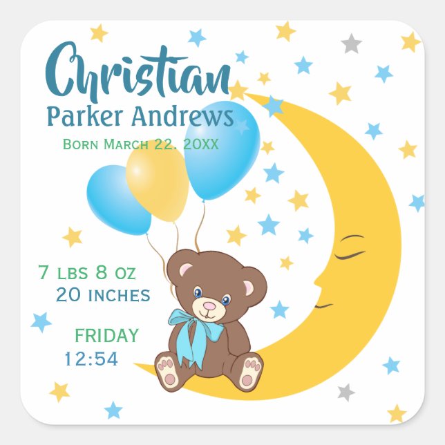 Teddy Bear Sitting on the Moon Baby Birth Stats Square Sticker (Front)