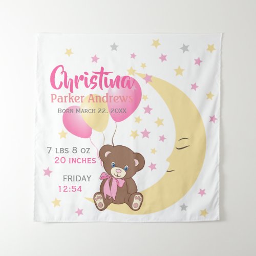 Teddy Bear Sitting on the Moon Baby Birth Stats Tapestry