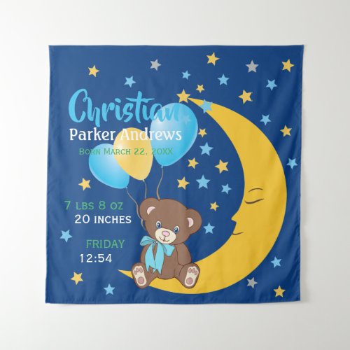 Teddy Bear Sitting on the Moon Baby Birth Stats Tapestry