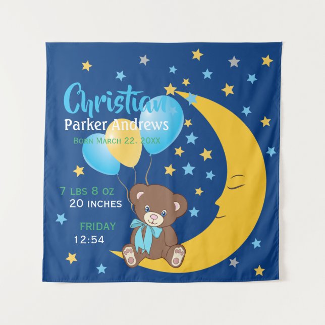 Teddy Bear Sitting on the Moon Baby Birth Stats Tapestry (Front)