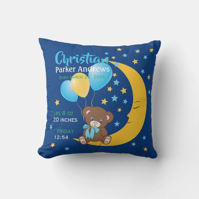 Teddy Bear Sitting on the Moon Baby Birth Stats Throw Pillow (Front)