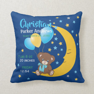 Teddy Bear Sitting on the Moon Baby Birth Stats Throw Pillow