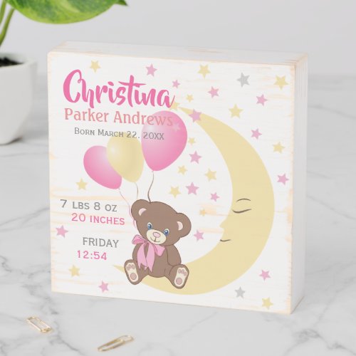 Teddy Bear Sitting on the Moon Baby Birth Stats Wooden Box Sign