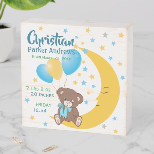 Teddy Bear Sitting on the Moon Baby Birth Stats Wooden Box Sign