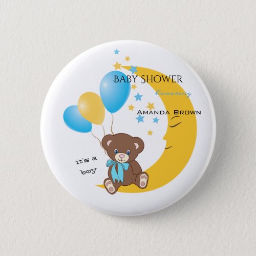 Teddy Bear Sitting on the Moon  Baby Boy Shower Button