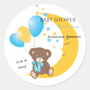 Teddy Bear Sitting on the Moon Baby Boy Shower Classic Round Sticker