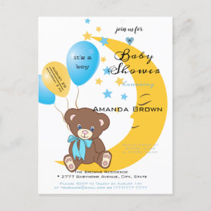 Teddy Bear Sitting on the Moon   Baby Boy Shower Invitation Postcard