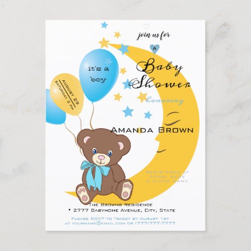 Teddy Bear Sitting on the Moon  Baby Boy Shower Invitation Postcard