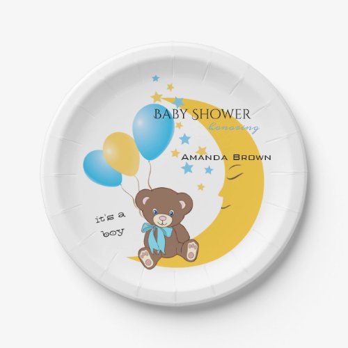 Teddy Bear Sitting on the Moon  Baby Boy Shower Paper Plates