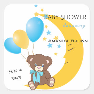 Teddy Bear Sitting on the Moon Baby Boy Shower Square Sticker