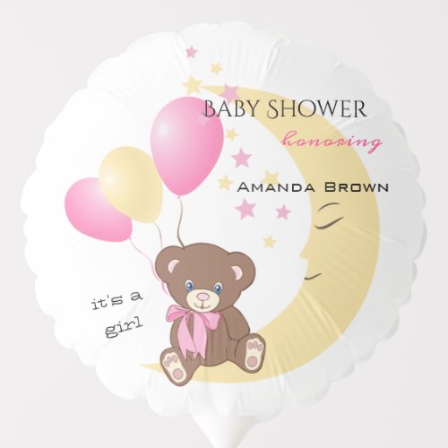 Teddy Bear Sitting on the Moon  Baby Girl Shower Balloon