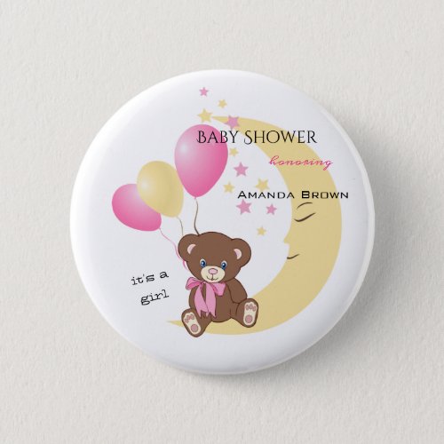 Teddy Bear Sitting on the Moon  Baby Girl Shower Button