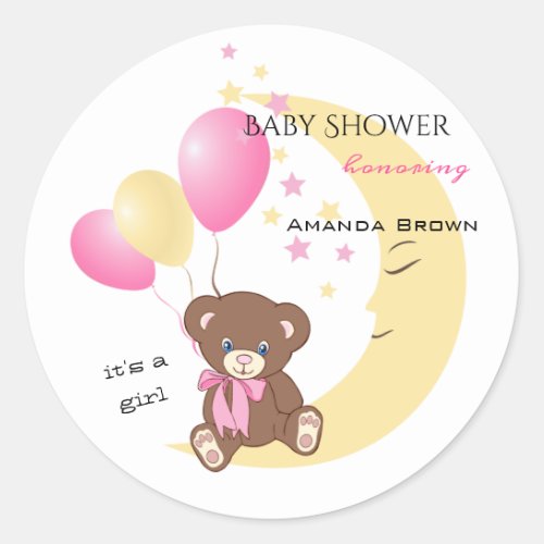 Teddy Bear Sitting on the Moon  Baby Girl Shower Classic Round Sticker