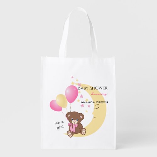 Teddy Bear Sitting on the Moon  Baby Girl Shower Grocery Bag