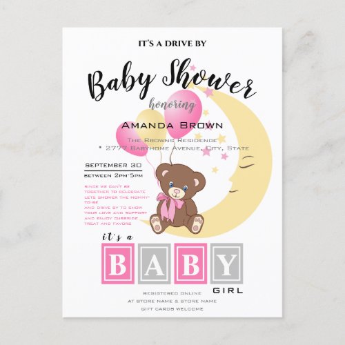 Teddy Bear Sitting on the Moon  Baby Girl Shower Invitation Postcard