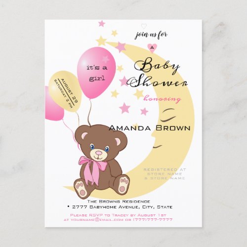 Teddy Bear Sitting on the Moon  Baby Girl Shower Invitation Postcard