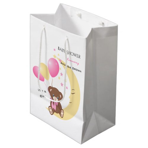 Teddy Bear Sitting on the Moon  Baby Girl Shower Medium Gift Bag