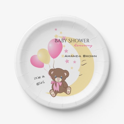 Teddy Bear Sitting on the Moon  Baby Girl Shower Paper Plates
