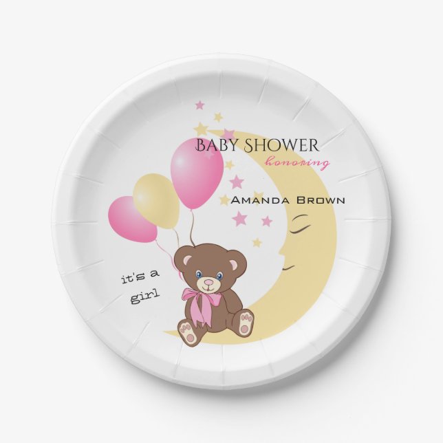 Teddy Bear Sitting on the Moon | Baby Girl Shower Paper Plates (Front)