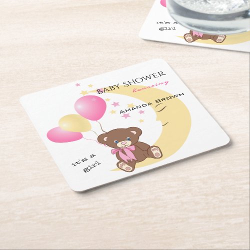 Teddy Bear Sitting on the Moon  Baby Girl Shower Square Paper Coaster