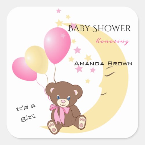 Teddy Bear Sitting on the Moon  Baby Girl Shower Square Sticker