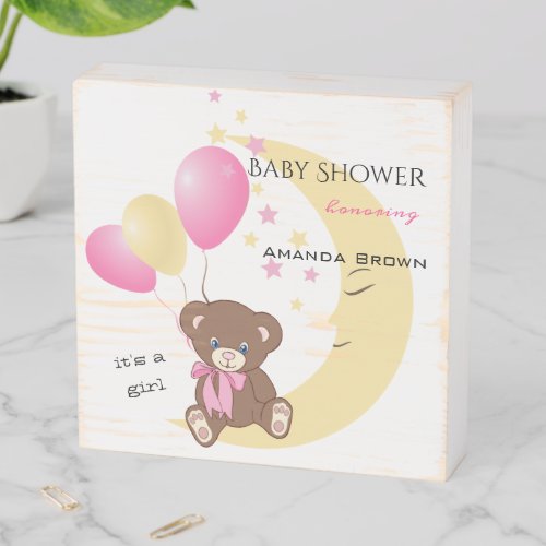 Teddy Bear Sitting on the Moon  Baby Girl Shower Wooden Box Sign